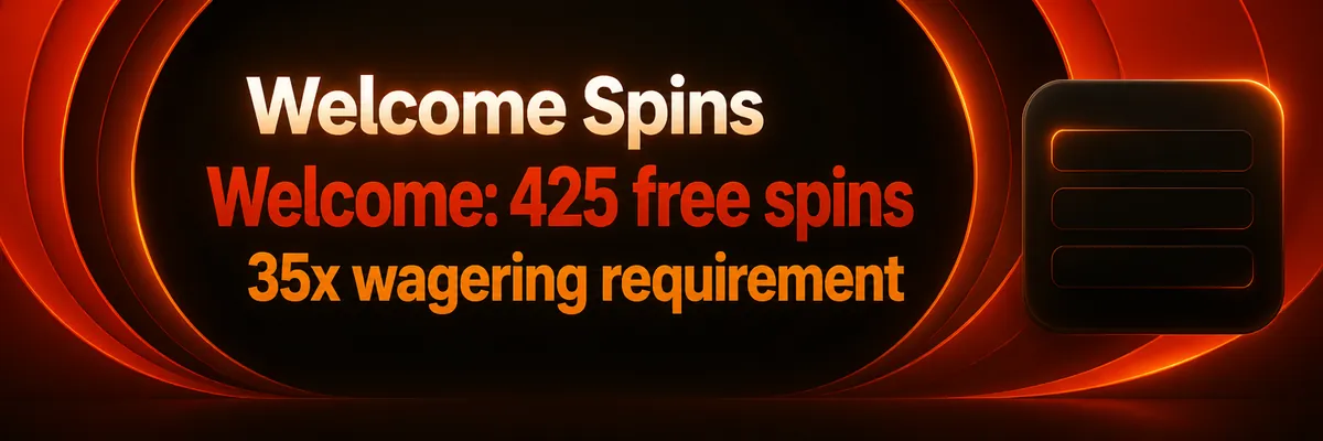 A glossy orange interface frames a dark circular opening beside a rounded panel, promoting 425 welcome free spins.