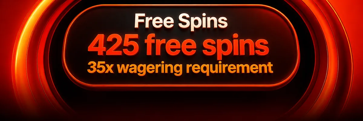 A cropped casino interface highlights 425 free spins with glowing orange bands and a long pill-shaped button.